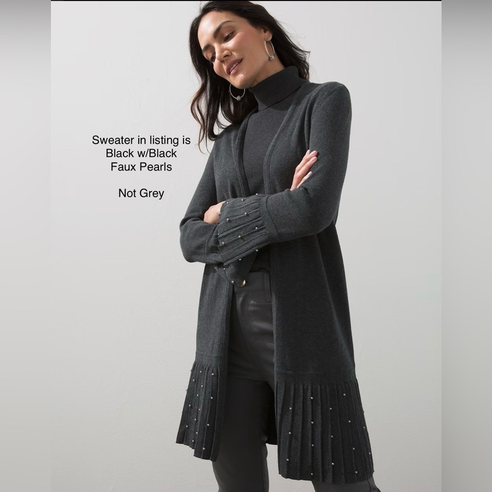 Chico’s Black Cardigan. Pleats & Black Faux Pearls on Sleeves & Hem. Size 3